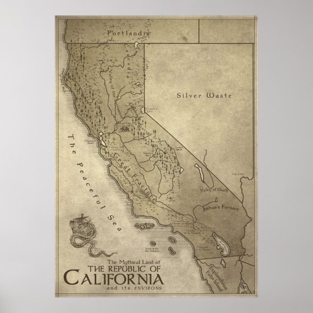 Póster Mapa de la tierra mítica de California (Frente)