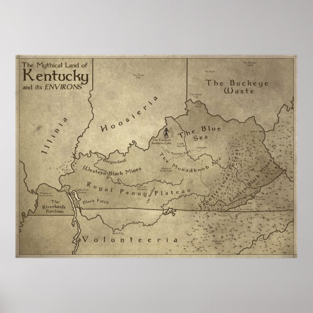 Póster Mapa de la tierra mítica de Kentucky (Frente)