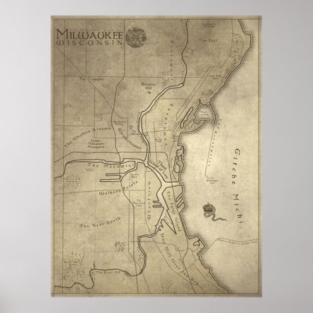 Póster Mapa de la tierra mítica de Milwaukee