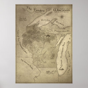 Póster Mapa de la tierra mítica de Wisconsin