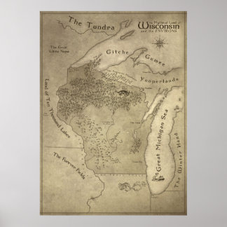 Póster Mapa de la tierra mítica de Wisconsin