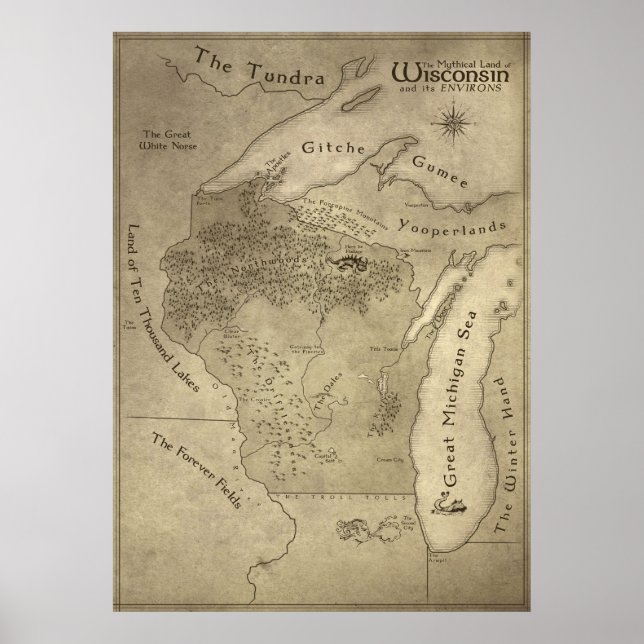 Póster Mapa de la tierra mítica de Wisconsin (Frente)