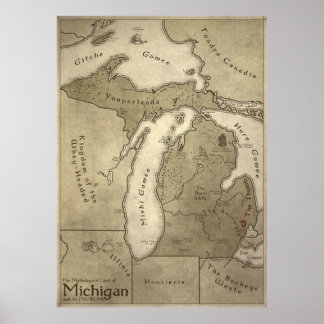 Póster Mapa de la tierra mitológica de Michigan