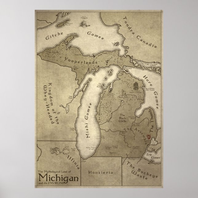 Póster Mapa de la tierra mitológica de Michigan (Frente)