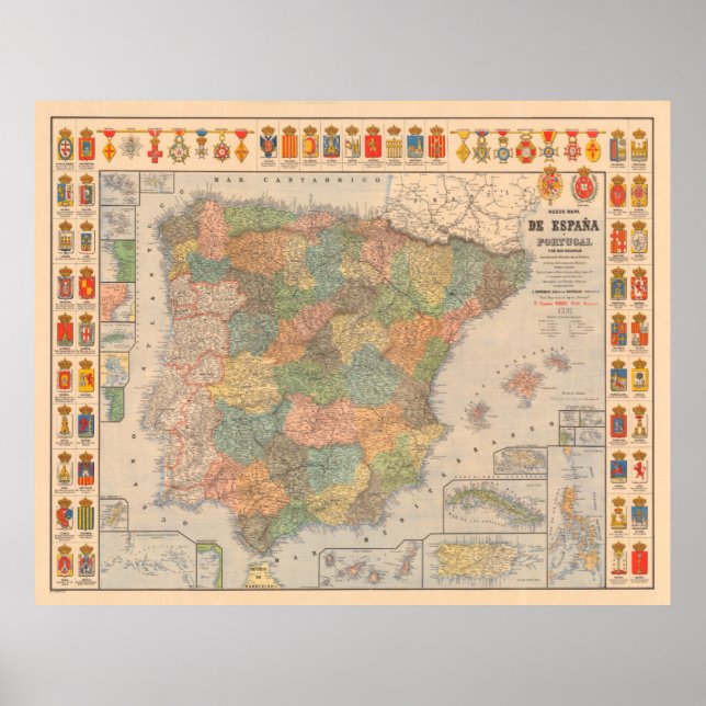 Póster Mapa de la vieja España (1892) de antiguas galería (Frente)