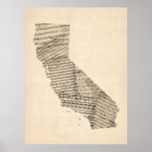Póster Mapa de la vieja hoja de música de California