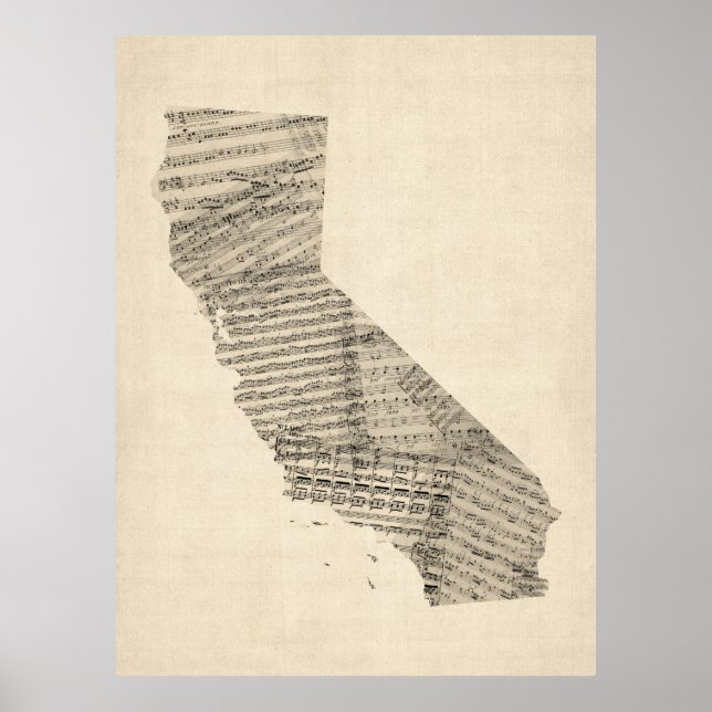 Póster Mapa de la vieja hoja de música de California (Frente)