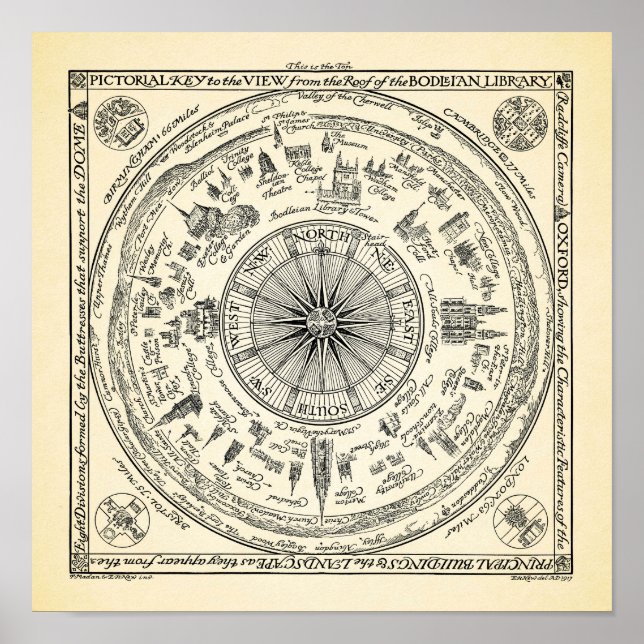 Póster Mapa de la vista de Oxford desde la biblioteca de  (Frente)