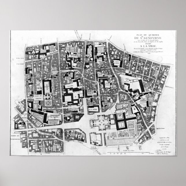 Póster Mapa de la zona de Sainte-Genevieve, París, 1756 (Frente)