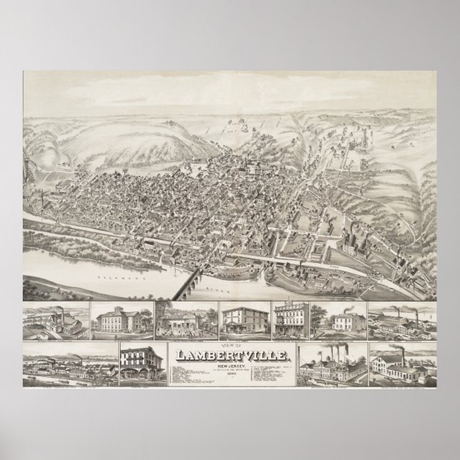 Póster Mapa de Lambertville, Nueva Jersey en 1883 (Frente)