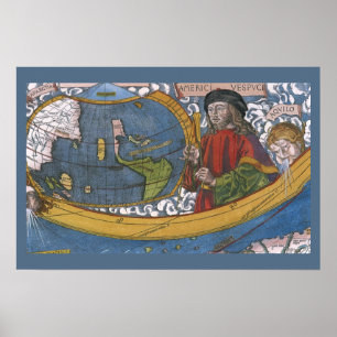 Póster Mapa de las Américas con Explorer Amerigo Vespucci
