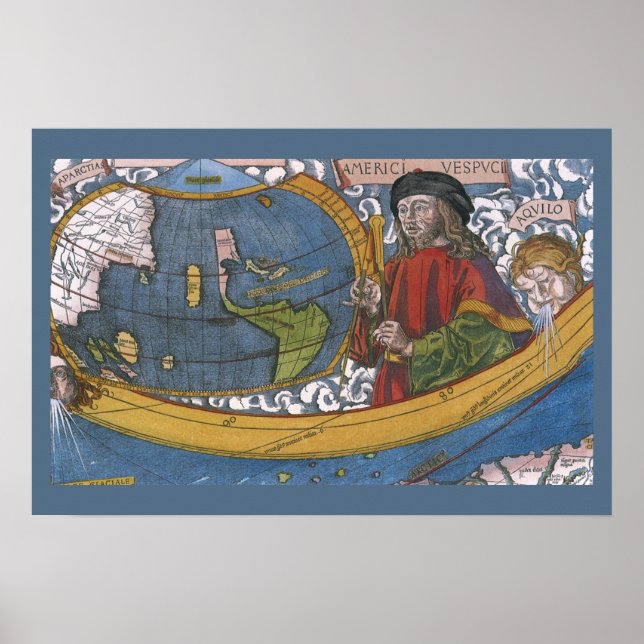 Póster Mapa de las Américas con Explorer Amerigo Vespucci (Frente)
