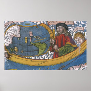 Póster Mapa de las Américas con Explorer Amerigo Vespucci