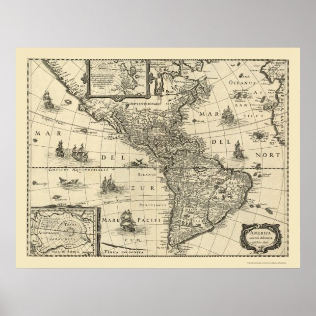 Póster Mapa de las Américas por Hondio 1640 (Frente)