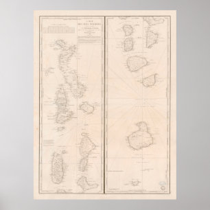 Póster Mapa de las antiguas islas de Maldivas (1841) Viej