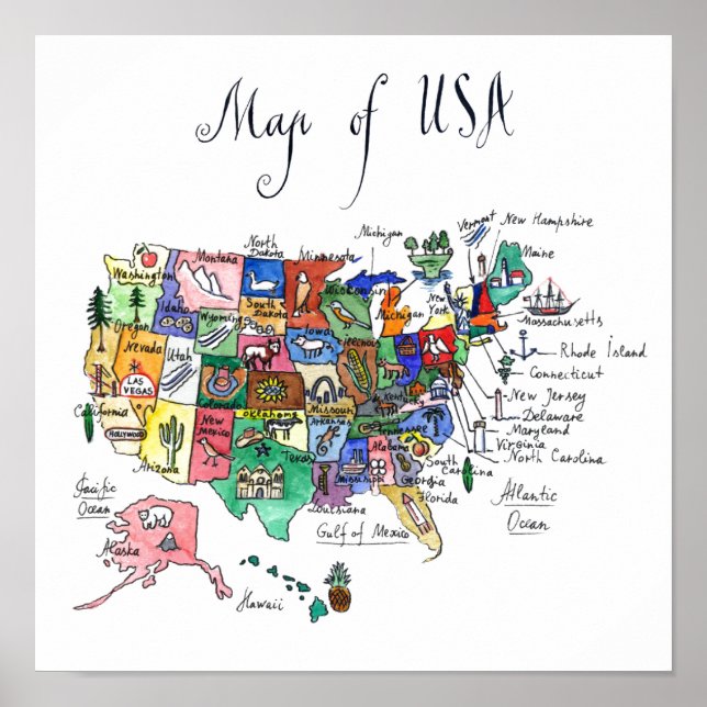 Póster Mapa de las atracciones de los Estados Unidos de A (Frente)