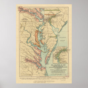 Póster Mapa de las colonias de Virginia y Maryland (1905)
