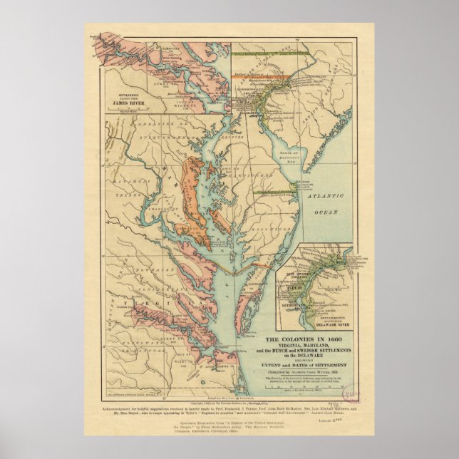 Póster Mapa de las colonias de Virginia y Maryland (1905) (Frente)