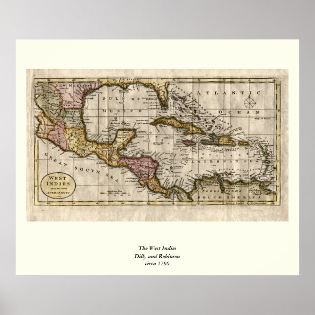 Póster Mapa de las Indias Occidentales de 1790 de Dilly y (Frente)