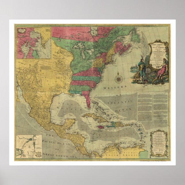 Póster Mapa de las Indias Occidentales y América del Nort (Frente)