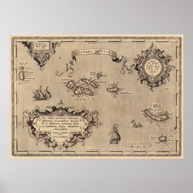 Póster Mapa de las Islas Azores (1608) (Frente)