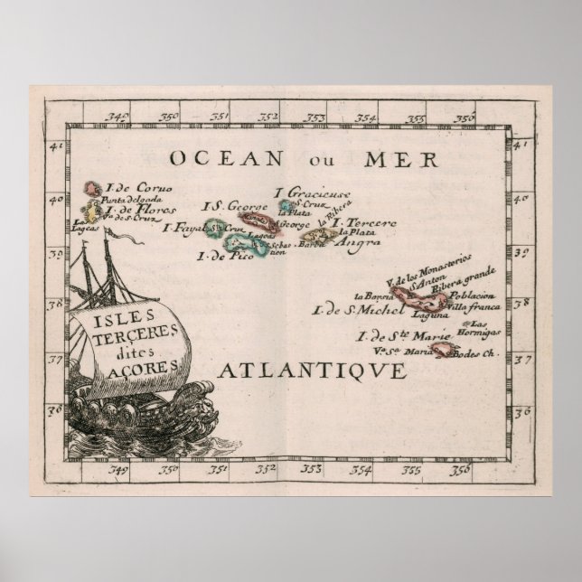Póster Mapa de las Islas Azores (1682) (Frente)