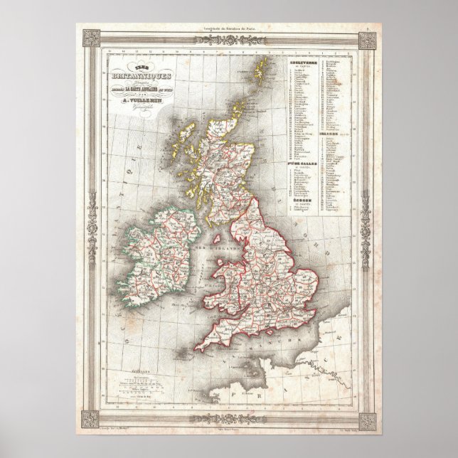 Póster Mapa de las Islas Británicas, 1852 (Frente)