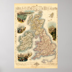Póster Mapa de las Islas Británicas Vintage - Años 1850