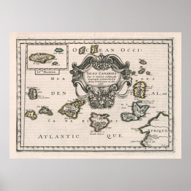 Póster Mapa de las Islas Canarias Vintage (1656) (Frente)