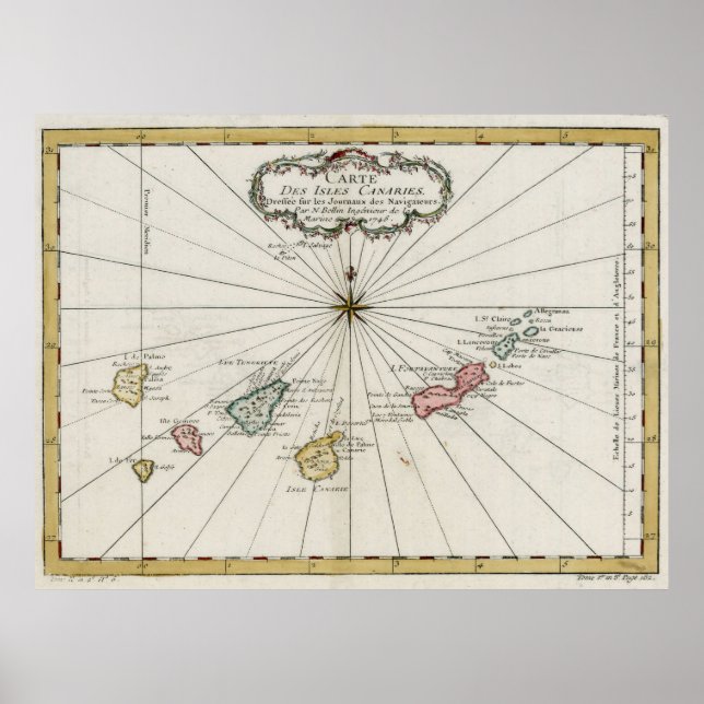 Póster Mapa de las Islas Canarias Vintage (1757) (Frente)