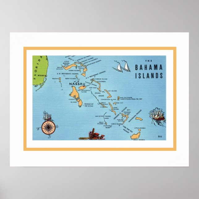 Póster Mapa de las islas de Bahamas 18x24 (Frente)