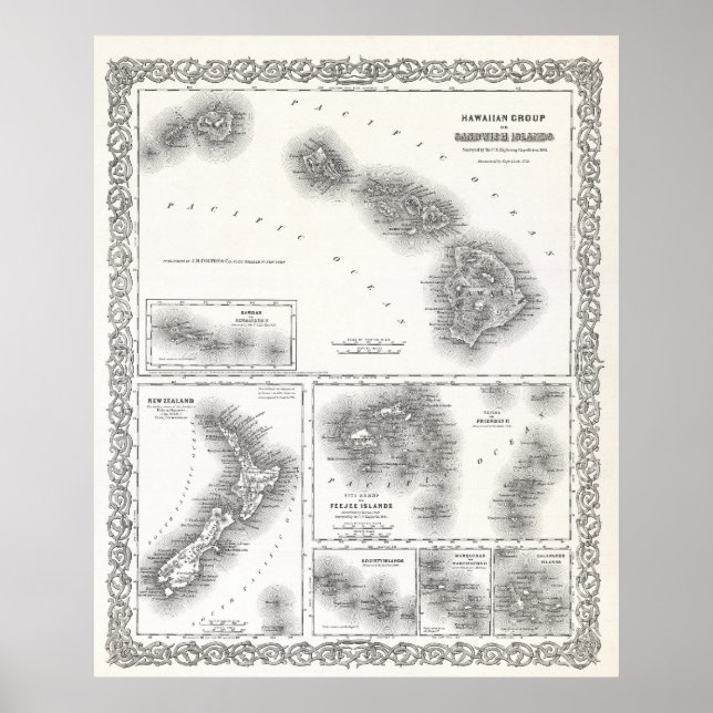 PÓSTER MAPA DE LAS ISLAS DEL PACÍFICO SUR Y HAWAII 1855 (Frente)