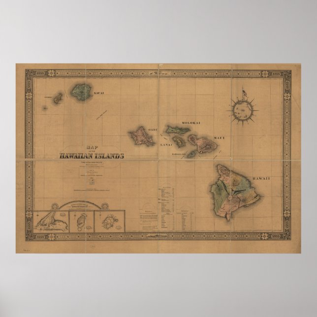 Póster Mapa de las Islas Hawái de 1876 (Frente)