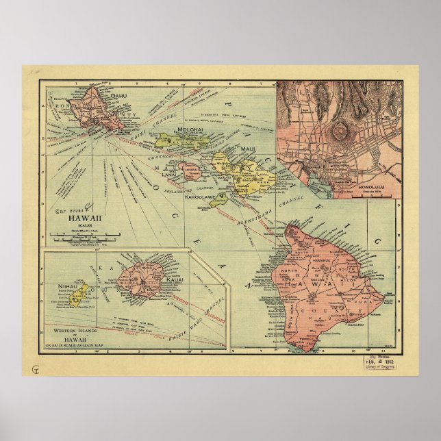 Póster Mapa de las Islas Hawái de 1912 (Frente)