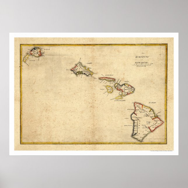 Póster Mapa de las Islas Hawaianas por Kalama 1837 (Frente)