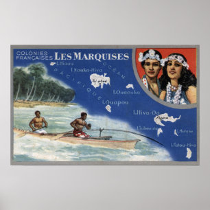 Póster Mapa de las islas, naturales en una canoa