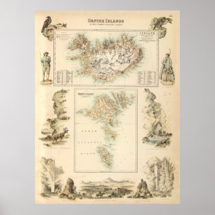 Póster Mapa de las Islas Vintage Islandia y Feroe (1872)