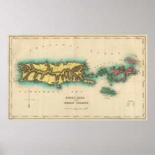 Póster Mapa de las Islas Vírgenes y Puerto Rico (1822)