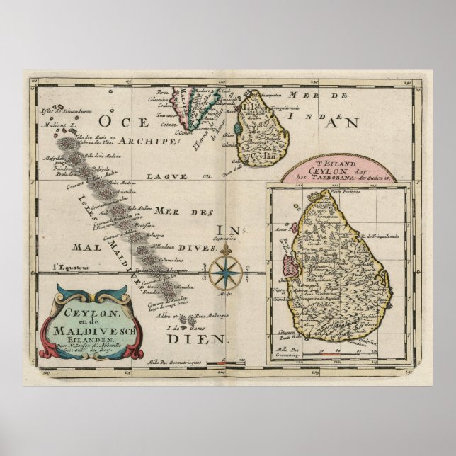 Póster Mapa de las Maldivas y Sri Lanka antiguas (1705) (Frente)