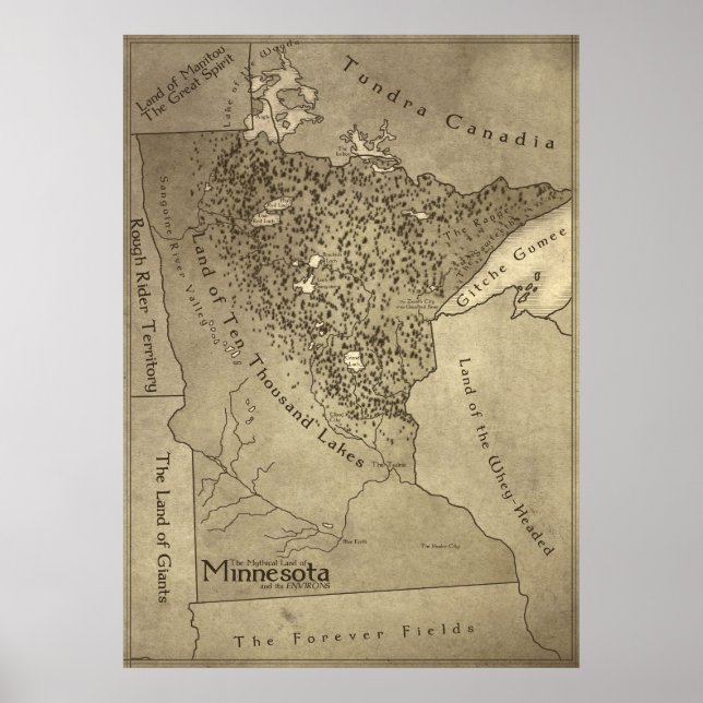 Póster Mapa de las míticas tierras de Minnesota (Frente)