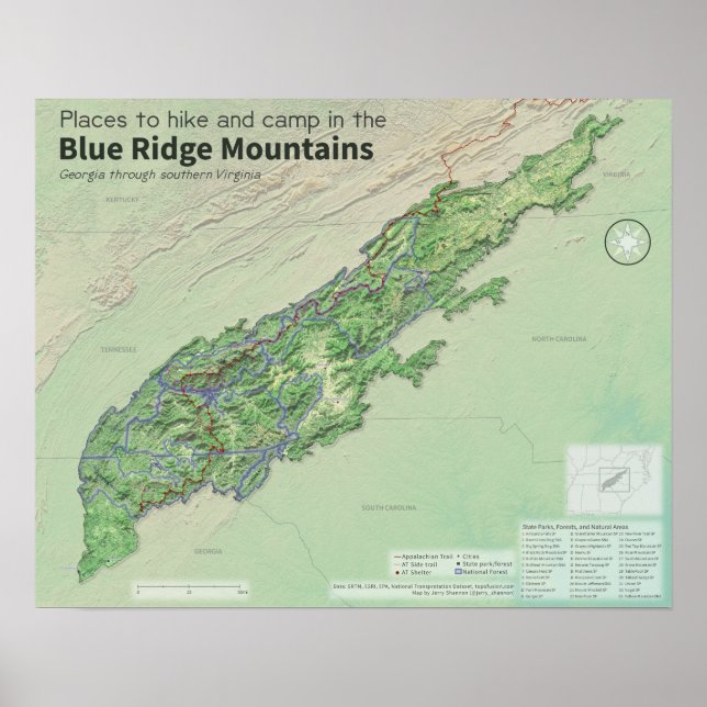 Póster Mapa de las montañas del sur de Blue Ridge (Frente)