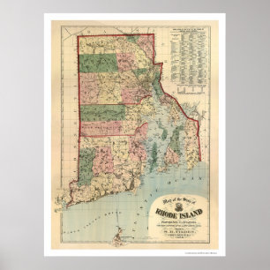 Póster Mapa de las plantaciones 1880 de Rhode Island y de
