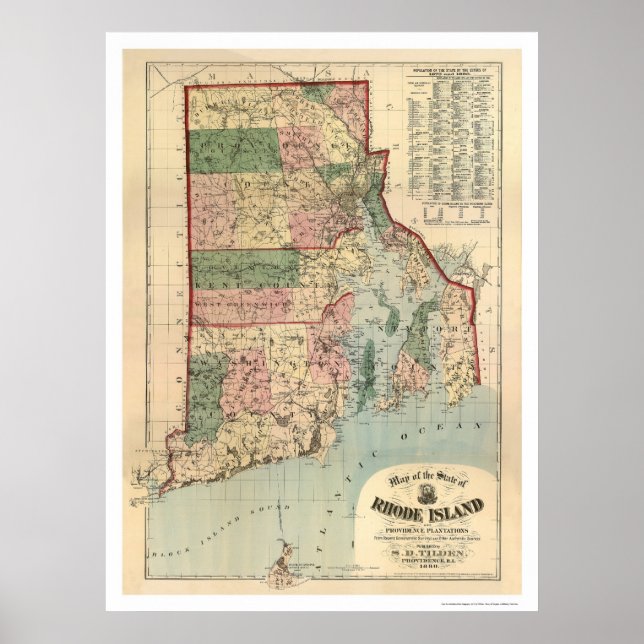 Póster Mapa de las plantaciones de Rhode Island y Provide (Frente)