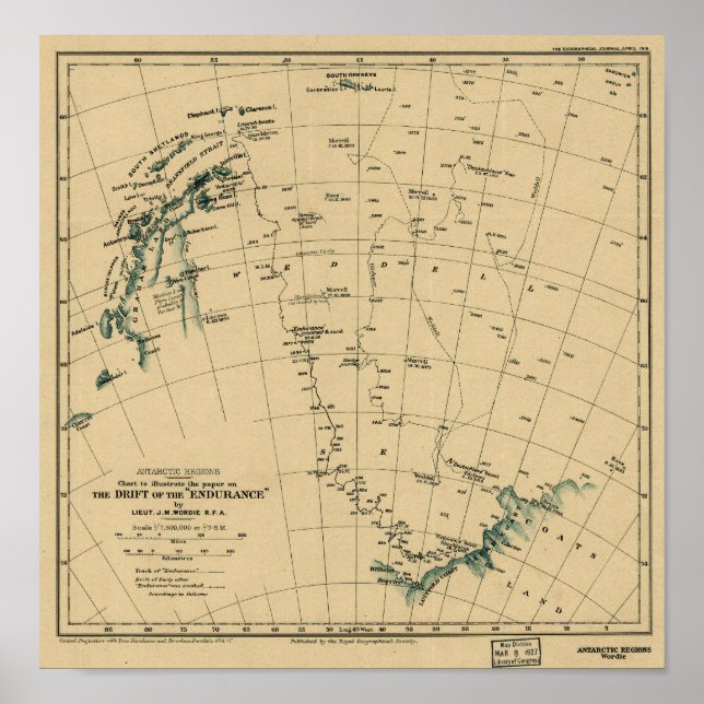 Póster Mapa de las regiones antárticas "La deriva de la r (Frente)