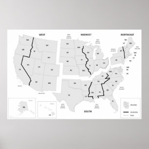 Póster Mapa de las regiones de Estados Unidos