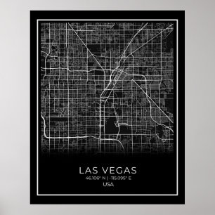 Póster Mapa de Las Vegas City - Poster del Mapa Negro de
