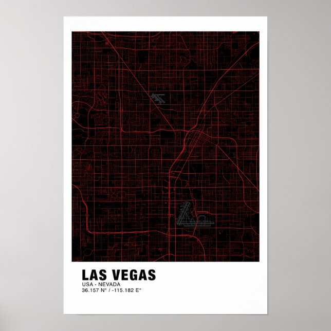 Póster Mapa de Las Vegas Poster - Nevada Mapa negro y roj (Frente)