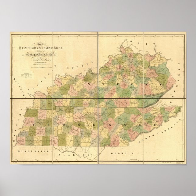 Póster Mapa de las vías y carreteras de Tennessee y Kentu (Frente)