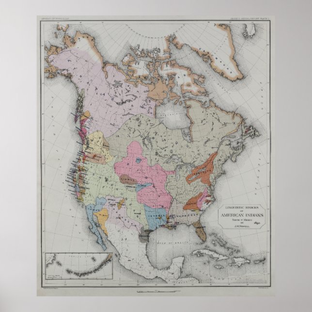 Póster Mapa de lenguas de nativos norteamericanos de 1890 (Frente)