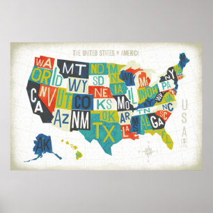 Póster Mapa de Letterpress USA